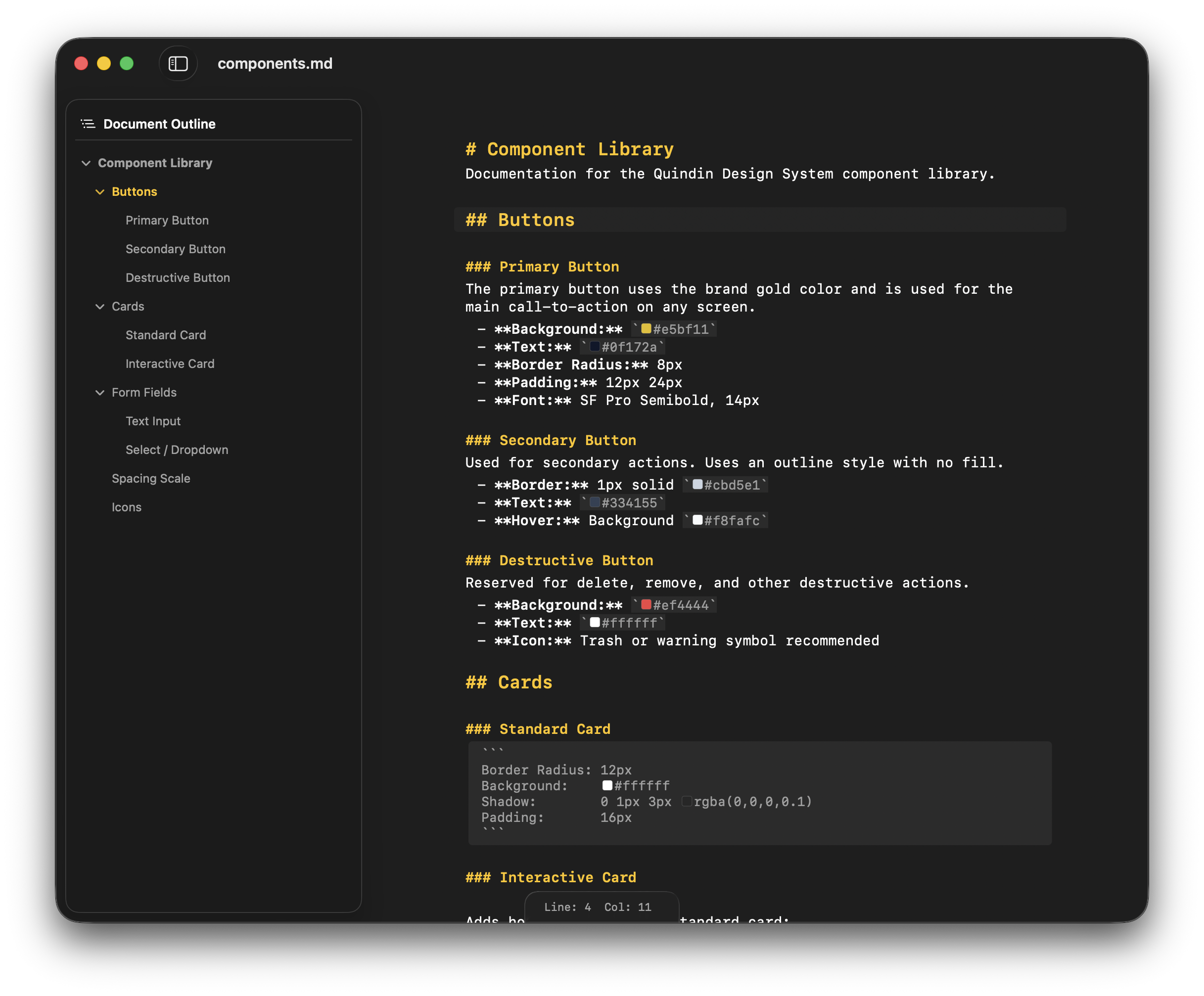 Quindin showing Markdown editing with document outline