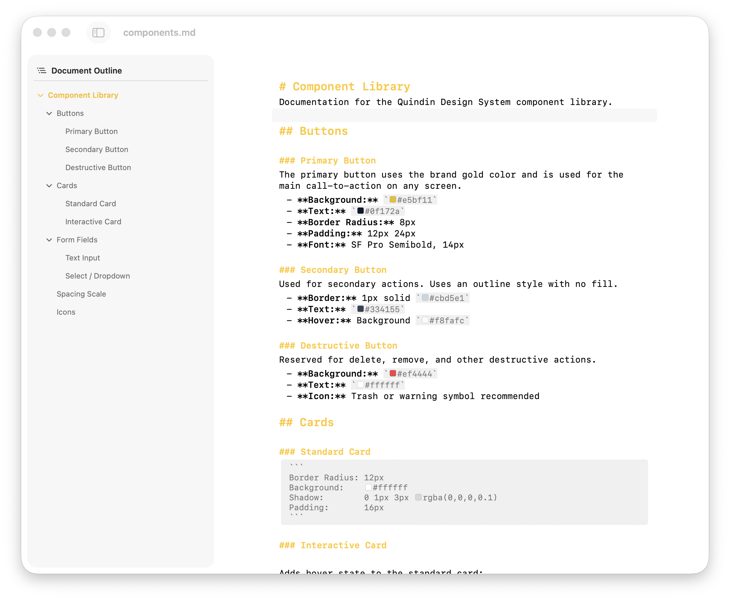 Quindin showing Markdown editing with document outline