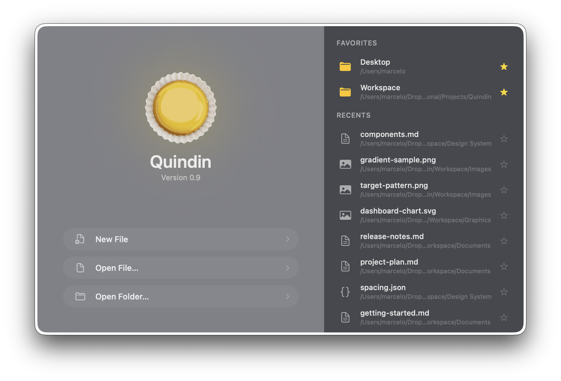Welcome screen with favorites and recent files