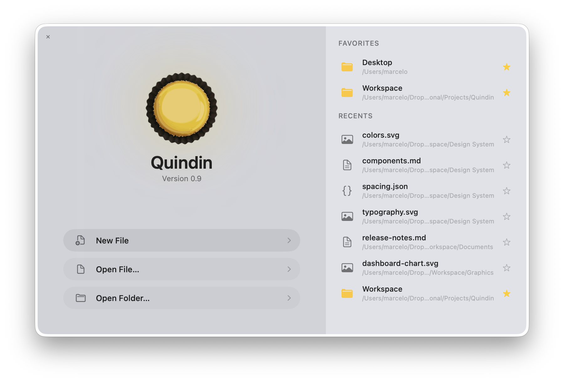 Welcome screen with favorites and recent files